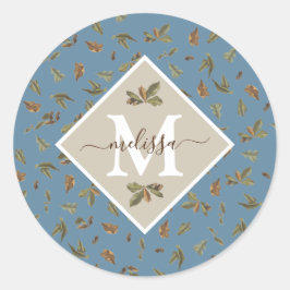 Dusty Blue Rustic Brown Blätter Mit Monogramm Runder Aufkleber
