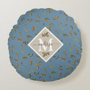 Dusty Blue Rustic Brown Blätter Mit Monogramm Rundes Kissen