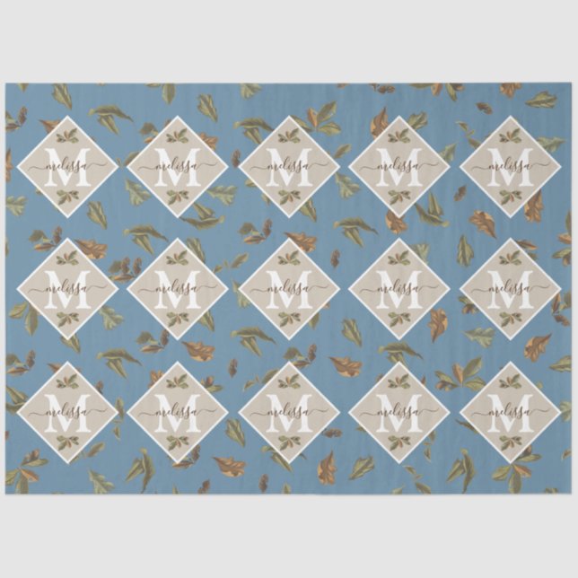 Dusty Blue Rustic Brown Blätter Mit Monogramm Seidenpapier (Vorderseite)