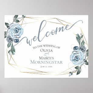 Dusty Blue Rustic Floral  Calligraphy Welcome Poster