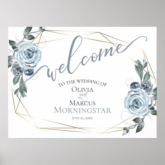 Dusty Blue Rustic Floral Calligraphy Willkommen Poster (Vorne)