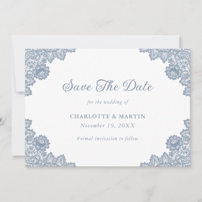 Dusty Blue Rustic Floral Lace Wedding Save The Date (Vorderseite)