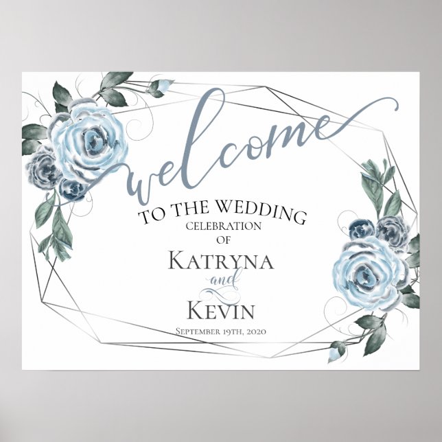 Dusty Blue Rustic Floral Wedding Welcome Poster (Vorne)