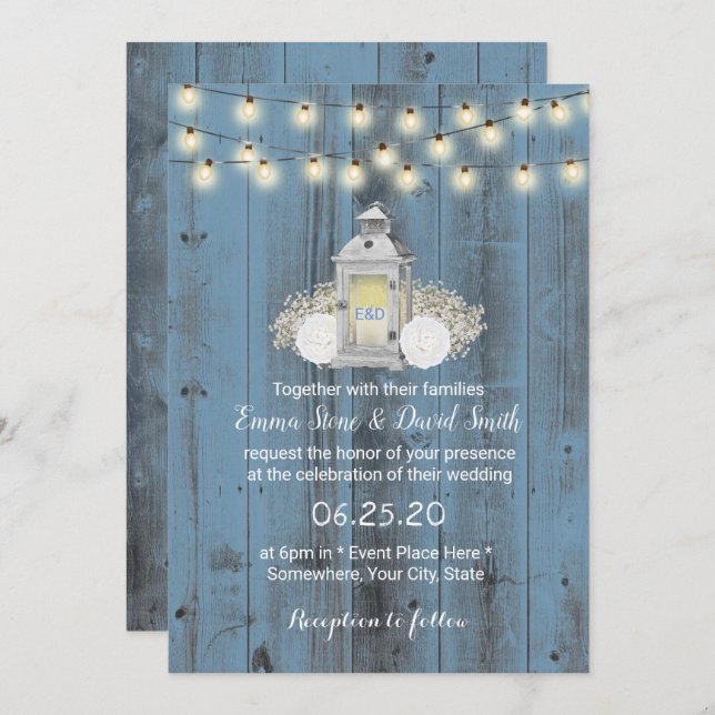 Dusty Blue Rustic Lantern & String Lights Wedding Einladung (Vorne/Hinten)
