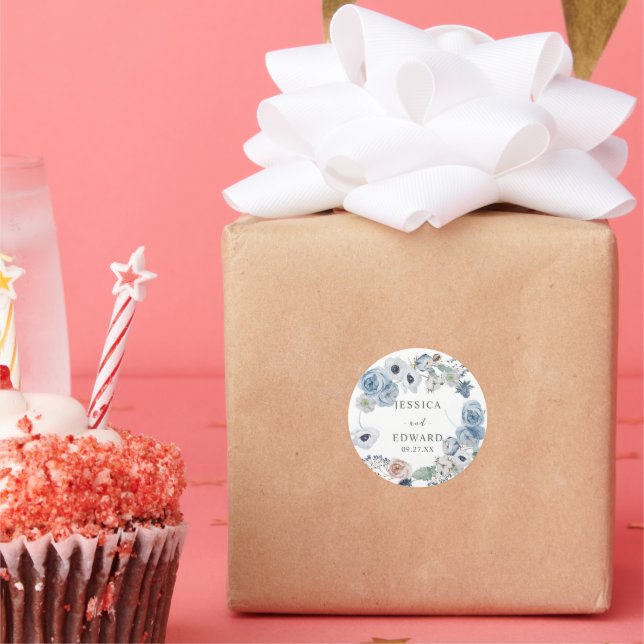  Dusty Blue Rustic Wedding Floral Runder Aufkleber (Party)