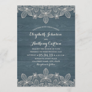 Dusty Blue Rustic Wood Lace and Pearls Wedding Einladung