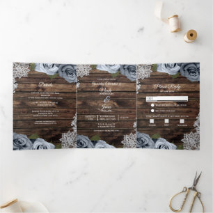 Dusty Blue Rustic Wood Trifold Wedding Program Dreifach Gefaltete Einladung