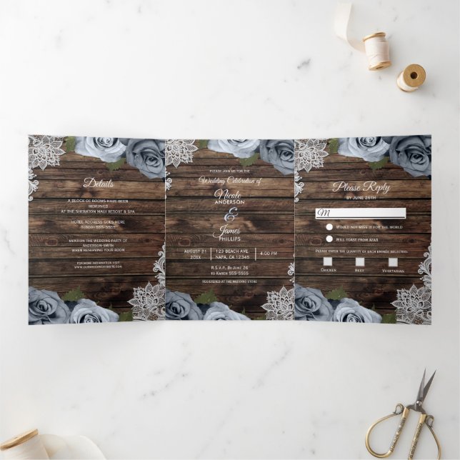 Dusty Blue Rustic Wood Trifold Wedding Program Dreifach Gefaltete Einladung (Innenseite)