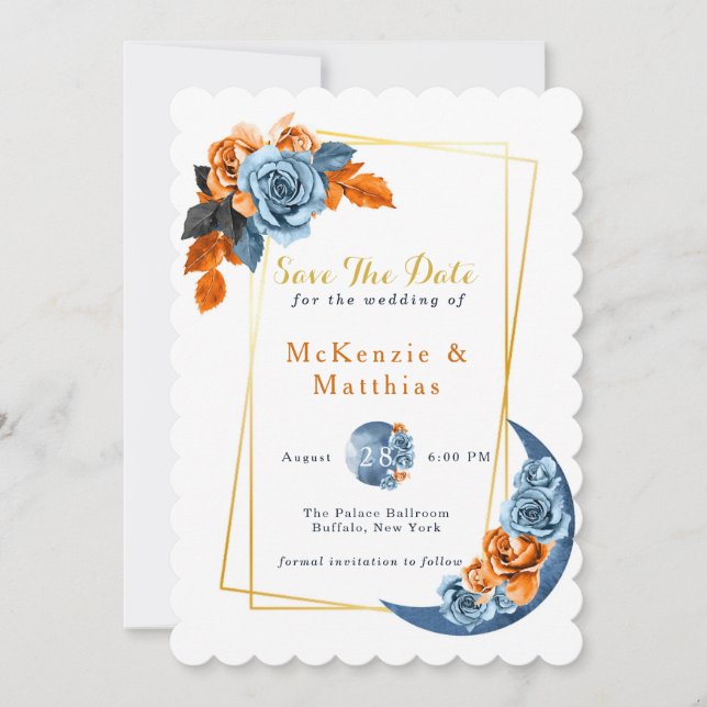 Dusty Blue & Rusty Peony Floral Save the Date Card Einladung (Vorderseite)