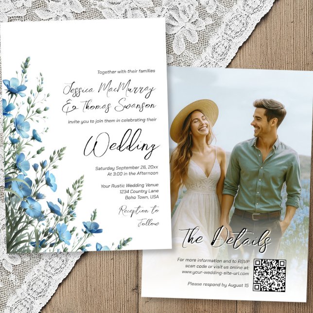 Dusty Blue Sage Boho Wildblumen Foto QR Wedding Einladung (Front/Back)