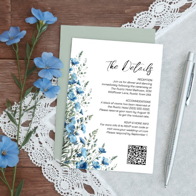 Dusty Blue & Sage Boho Wildflowers QR Code Details Begleitkarte (Von Creator hochgeladen)