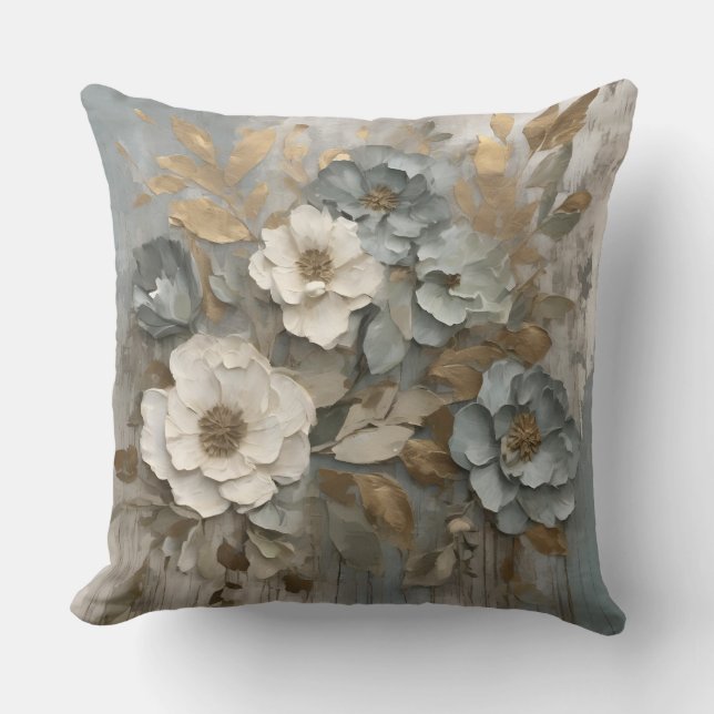 Dusty Blue Sage Gold Creme Bauernhof Floral Kissen (Vorderseite)