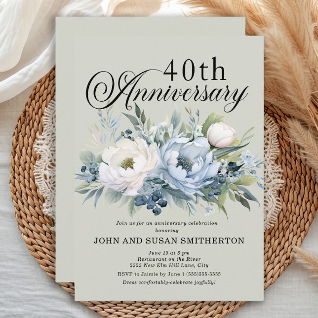 Dusty Blue Sage Green 40 Jahre alt Einladung (Dusty blue watercolor floral and sage green 40th wedding anniversary invitation)