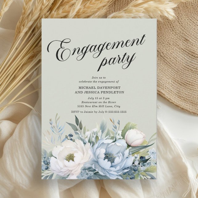 Dusty Blue Sage Green Engagement Party Einladung (Dusty blue and white watercolor floral engagement party invitation)