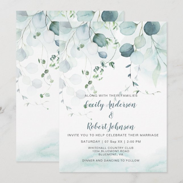 Dusty Blue & Sage Green Eucalyptus Wedding Einladung (Vorne/Hinten)