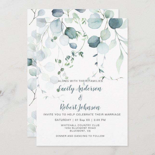 Dusty Blue & Sage Green Eukalyptus auf Weiß Einladung (Vorne/Hinten)