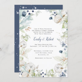 Dusty Blue Sage Green Floral Snowflakes Hochzeit Einladung