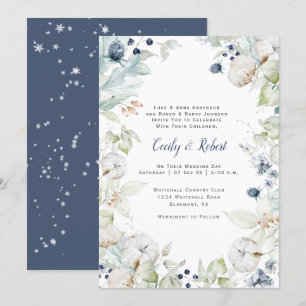 Dusty Blue Sage Green Floral Snowflakes Hochzeit Einladung