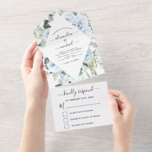 Dusty Blue - Sage Green Floral Wedding RSVP All In One Einladung