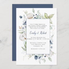 Dusty Blue Sage Green Gray Floral Frame Wedding Einladung