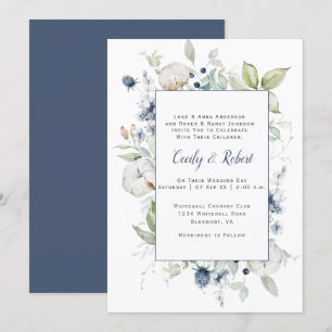Dusty Blue Sage Green Gray Floral Frame Wedding Einladung