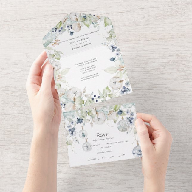Dusty Blue Sage Green Winter Floral Wedding All In One Einladung (Abreißen)