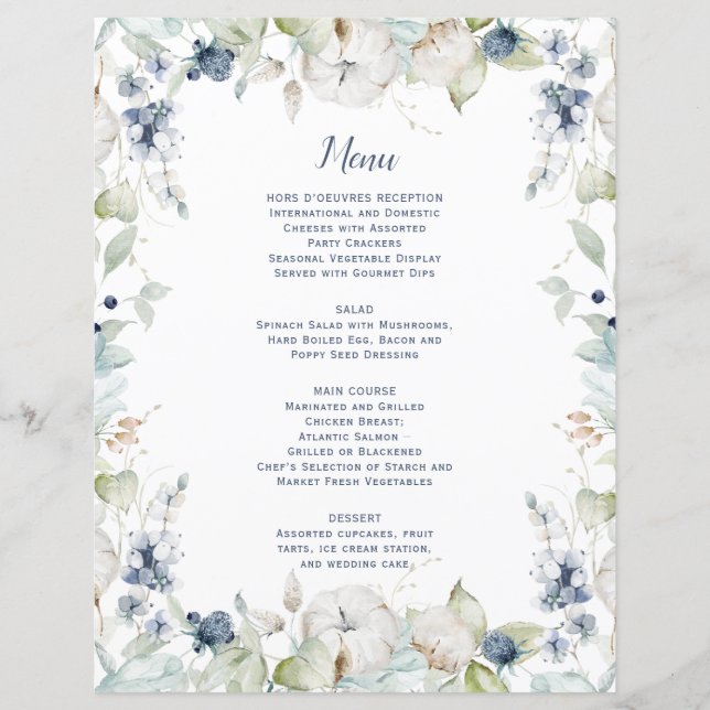 Dusty Blue Sage Green Winter Floral Wedding Menu (Vorderseite)