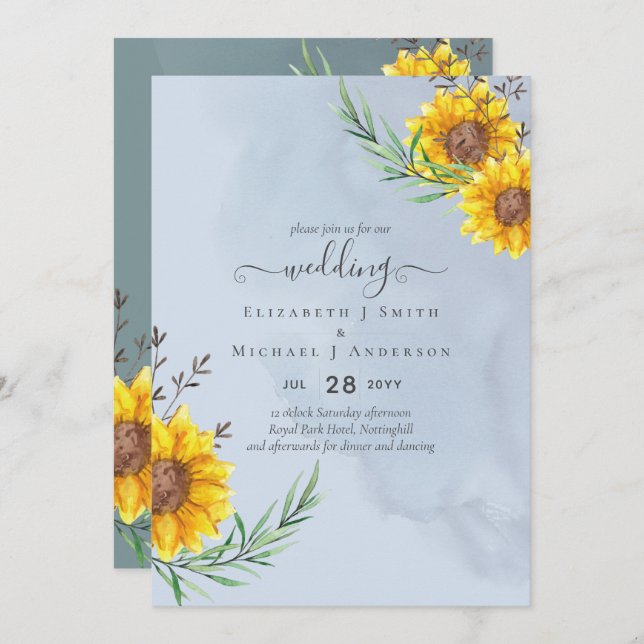 Dusty Blue Sage Sonnenblumen Rustic Boho Wedding (Vorne/Hinten)