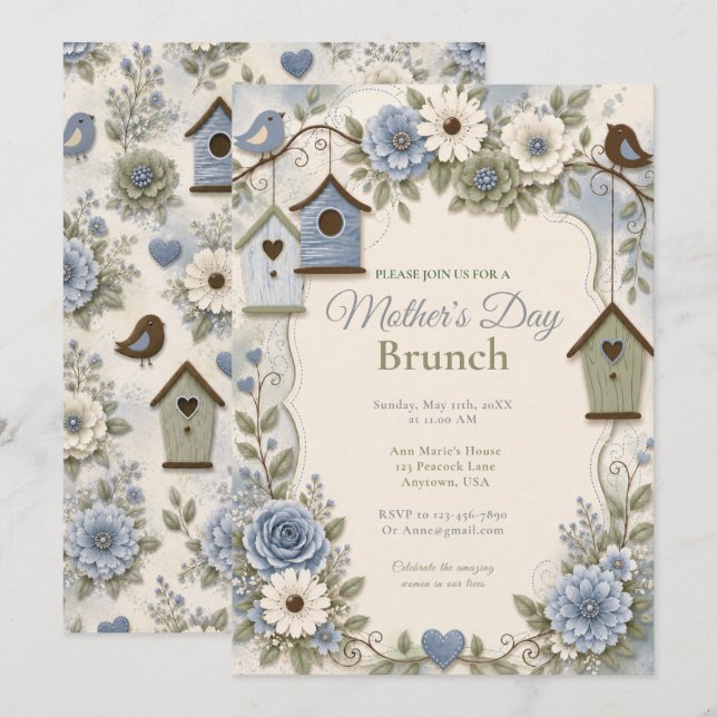 Dusty Blue Salbei Muttertags-Brunch Einladung (Vorne/Hinten)