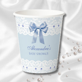 Dusty Blue Satin Bow Regency Lace Baby Dusche Pappbecher