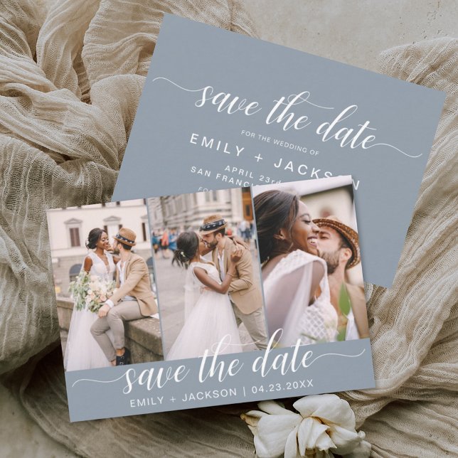 Dusty Blue Save the Date 3 Foto Elegante Moderne (Von Creator hochgeladen)
