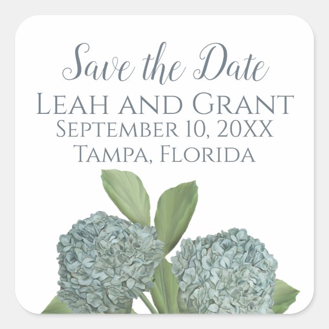 Dusty Blue Save the Date Floral Hydrangea Wedding Quadratischer Aufkleber (Vorderseite)