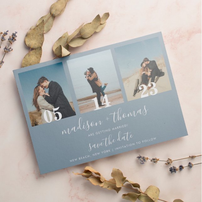 Dusty Blue Script 3 Foto Wedding Save the Date Magneteinladung (Von Creator hochgeladen)