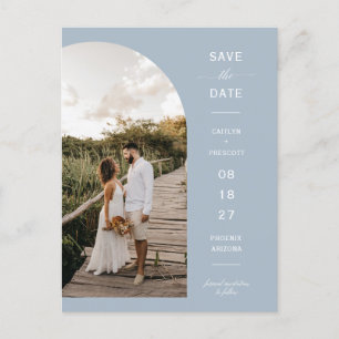 Dusty Blue Script Arch Foto QR-Code Save the Date Postkarte