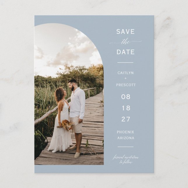 Dusty Blue Script Arch Foto QR-Code Save the Date Postkarte (Vorderseite)