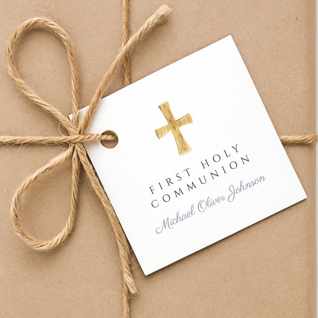 Dusty Blue Script Cross Boy First Communation Geschenkanhänger (Dusty Blue Script Cross Boy First Communion Favor Tags)