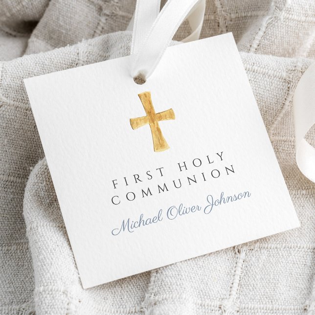 Dusty Blue Script Cross Boy First Communation Geschenkanhänger (Dusty Blue Script Cross Boy First Communion Favor Tags)