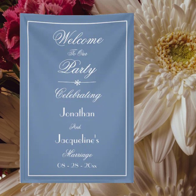 Dusty Blue Script Elegant Wedding Welcome Backgrou Banner (Elegant wedding welcome backdrop banner in chic dusty blue script - great for wedding party photos.)