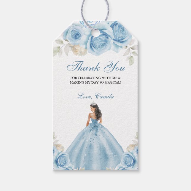 Dusty Blue Script Floral Princess Quinceañera Geschenkanhänger (Vorderseite)