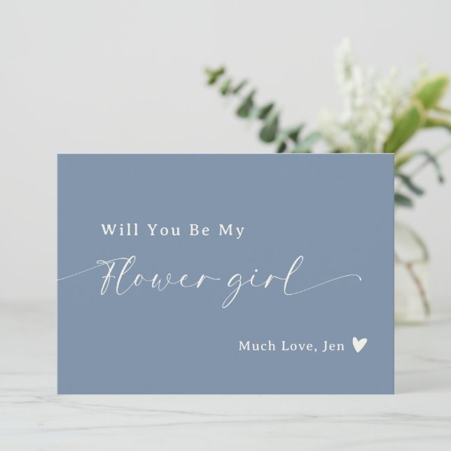 Dusty Blue Script Flower Girl Vorschlag Card Einladung (Stehend Vorderseite)