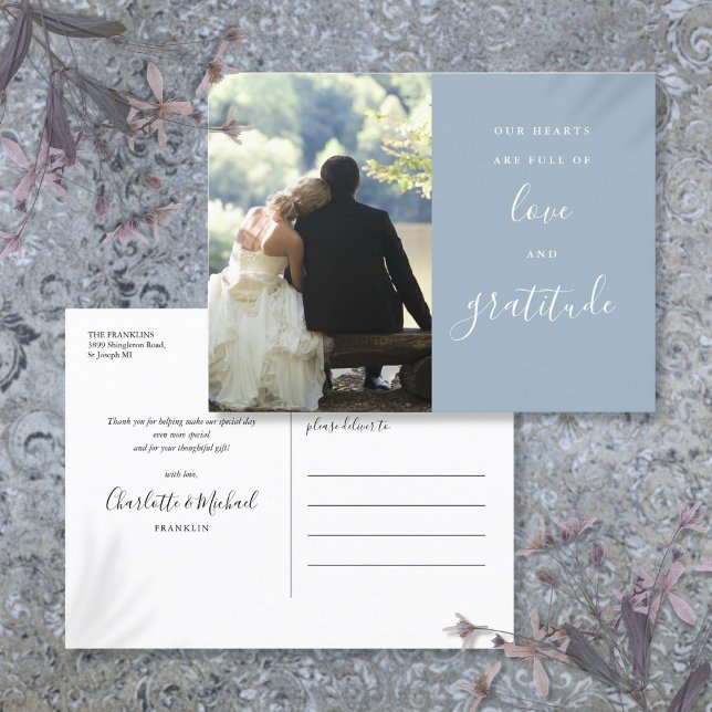 Dusty Blue Script Foto Wedding Vielen Dank Postkarte (Dusty Blue Script Photo Wedding Thank You Postcard)
