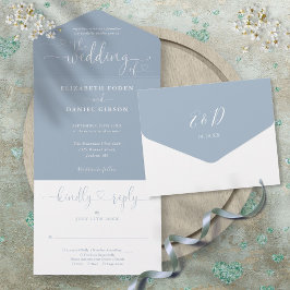 Dusty Blue Script Hearts Minimalistisch Wedding Al All In One Einladung