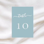 Dusty-Blue-Script-Hochzeit Tischnummer<br><div class="desc">Ein staubblauer Hintergrund. Weißer Text. Personalisieren Sie Ihre Tischnummern und fügen Sie sie hinzu. Fügen Sie Ihre Nummern eins nach dem anderen hinzu.</div>