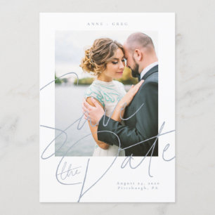 Dusty Blue Script Save the Date Foto Card Einladung