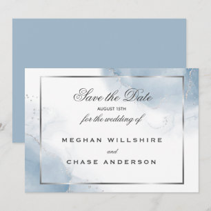 Dusty Blue Script Silver Save the Date Einladung