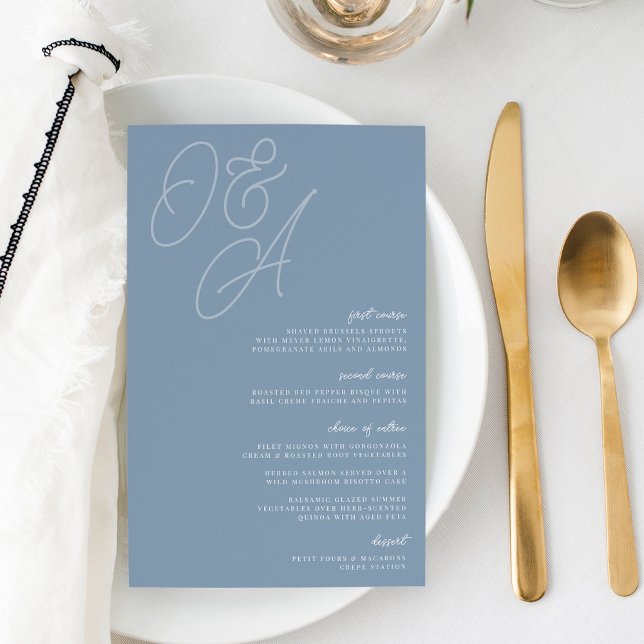 Dusty Blue Script Watermark Monogram Wedding Menu (Von Creator hochgeladen)
