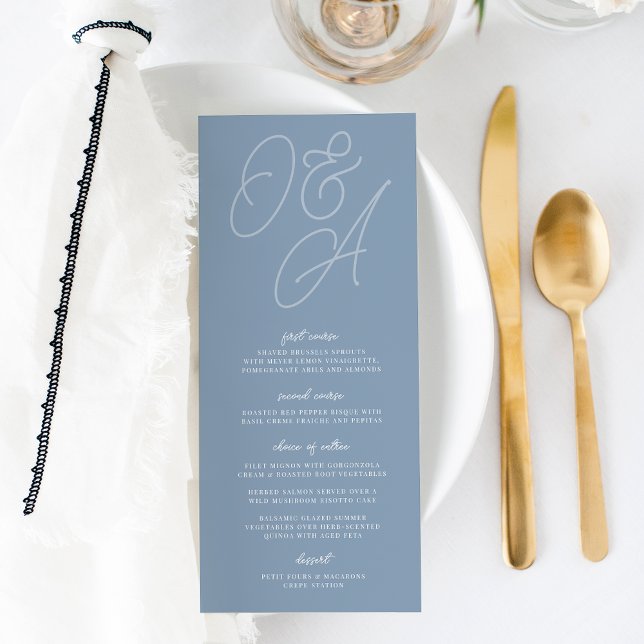 Dusty Blue | Script Watermark Monogram Wedding Menükarte (Von Creator hochgeladen)
