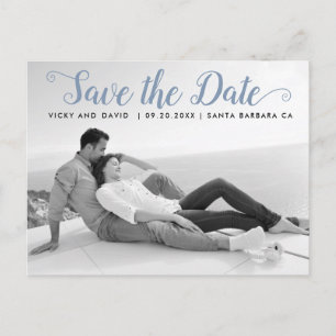 Dusty blue script wedding Save the Date Foto Postkarte