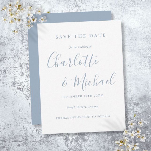 Dusty Blue Script Wedding Save the Date Postkarte (Dusty Blue Script Wedding Save the Date Postcard)
