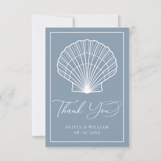 Dusty Blue Seashell Beach Wedding Elegant Dankeskarte (Vorderseite)